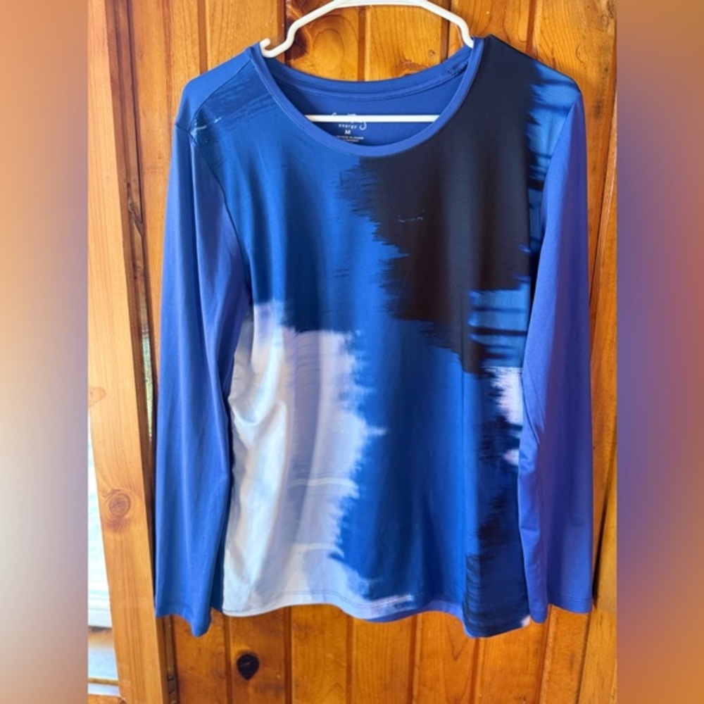 Coral Bay Energy Womens Blue Abstract Brushstroke Long Sleeve Graphic Top Medium